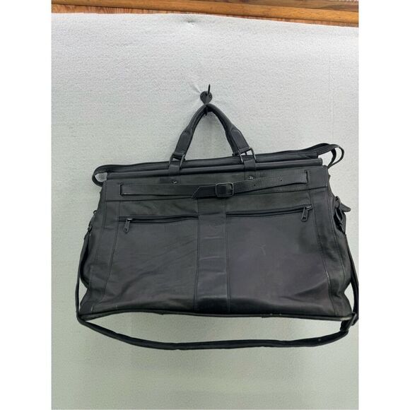 Unbranded Top Grain Leather Black Buckled Carpet Bag Duffle Bag - Picture 1 of 10